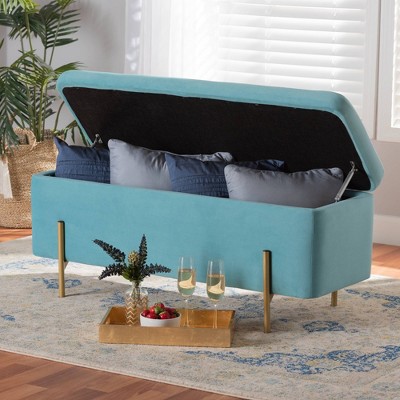 Sky Blue Velvet and Gold Metal Storage Bench
