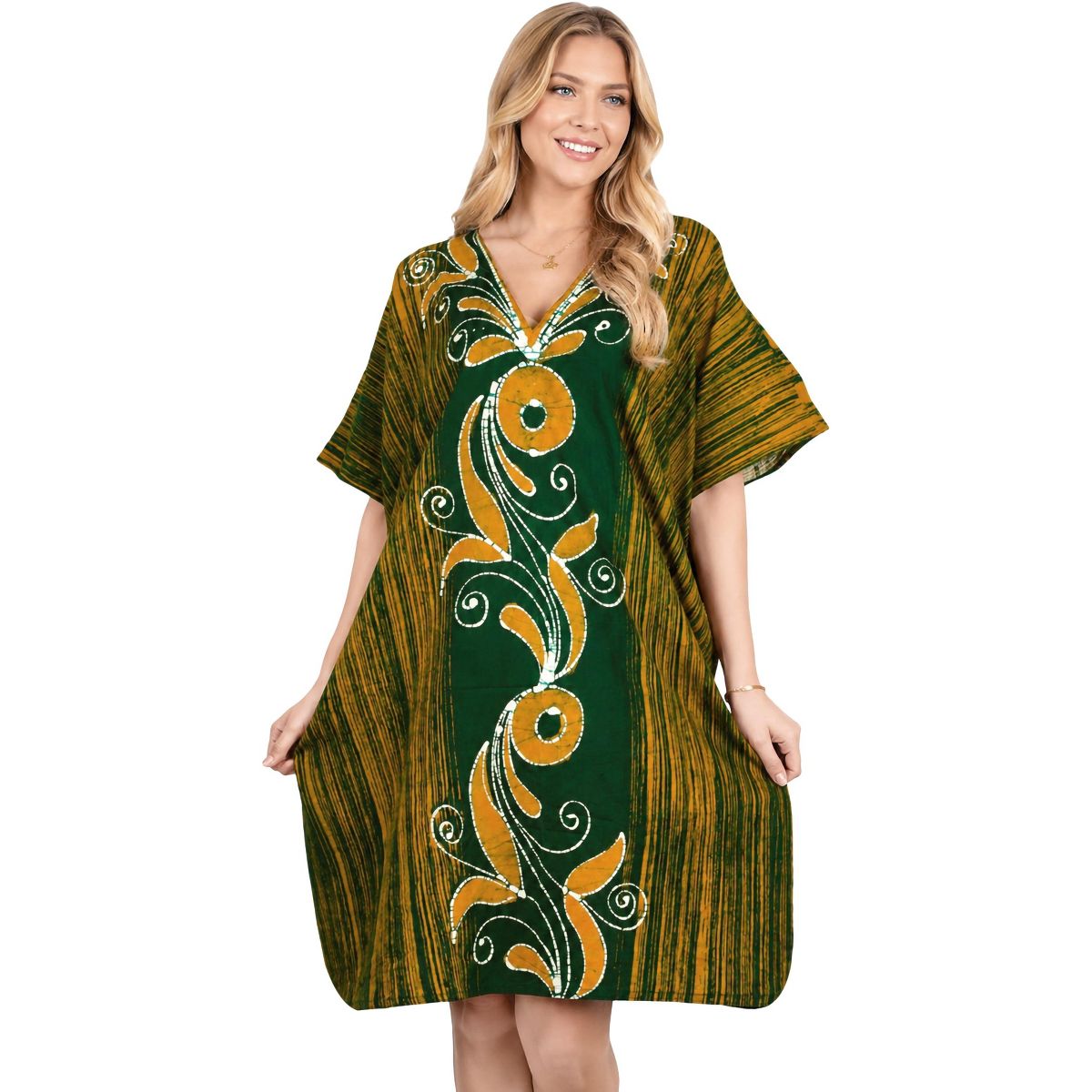 LA LEELA Summer Cotton Cruise Caftan Cover Up for Women Resortwear Vacation Holiday Loungewear Pregnancy Wear 2X-3X Green Paisley
