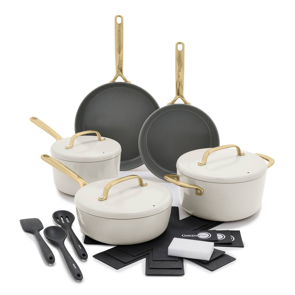 GreenPan GP5 14pc Hard Anodized Ceramic Nonstick Cookware Set Cloud Cream: Induction Compatible, Stainless Steel Handles