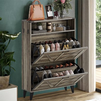 Shoe Cabinet with 2 Flip Drawers, Farmhouse Freestanding Shoes Organizer with Metal Legs, Narrow Shoe Rack Cabinet, Slim Shoes Storage Cabinet