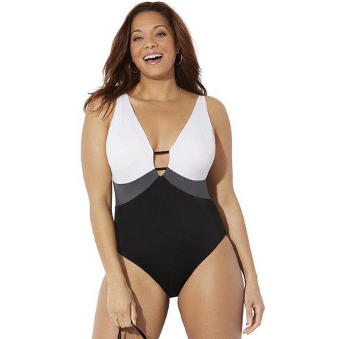 Swimsuits For All Women's Plus Size Tummy Control V Neck Lattice Plunge One  Piece Swimsuit with Adjustable Straps - 26, White