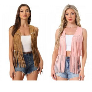 INSPIRE CHIC Women's 70s Western Open Front Faux Suede Fringe Vest 2 Packs - 1 of 4