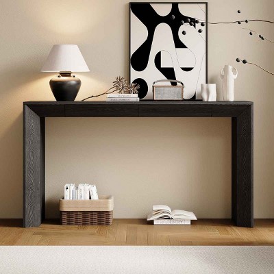 60 Inch Farmhouse Console Table with Waterfall Edge, Entryway Table with Hidden Drawers, MDF Frame Table with Wood Veneer-Coolbibila