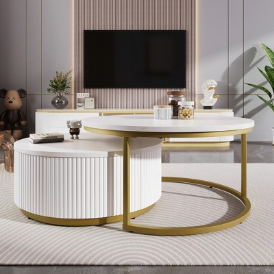 KIGFTSOD Modern Round Nesting Coffee Table Fluted with Drawer