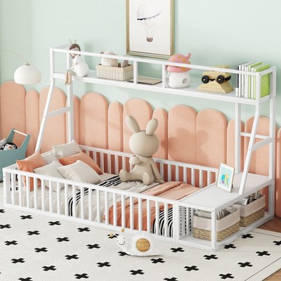 Floor Bed Frame with Safety Fence, Metal Floor Bed with Desk and Storage Shelves, Playhouse for Kids