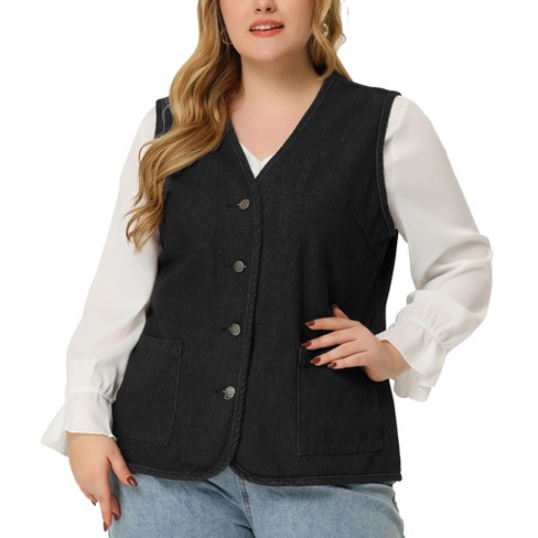 Agnes Orinda Women s Plus Size Sleeveless Denim Button Down V Neck Jean Vest Black 3X