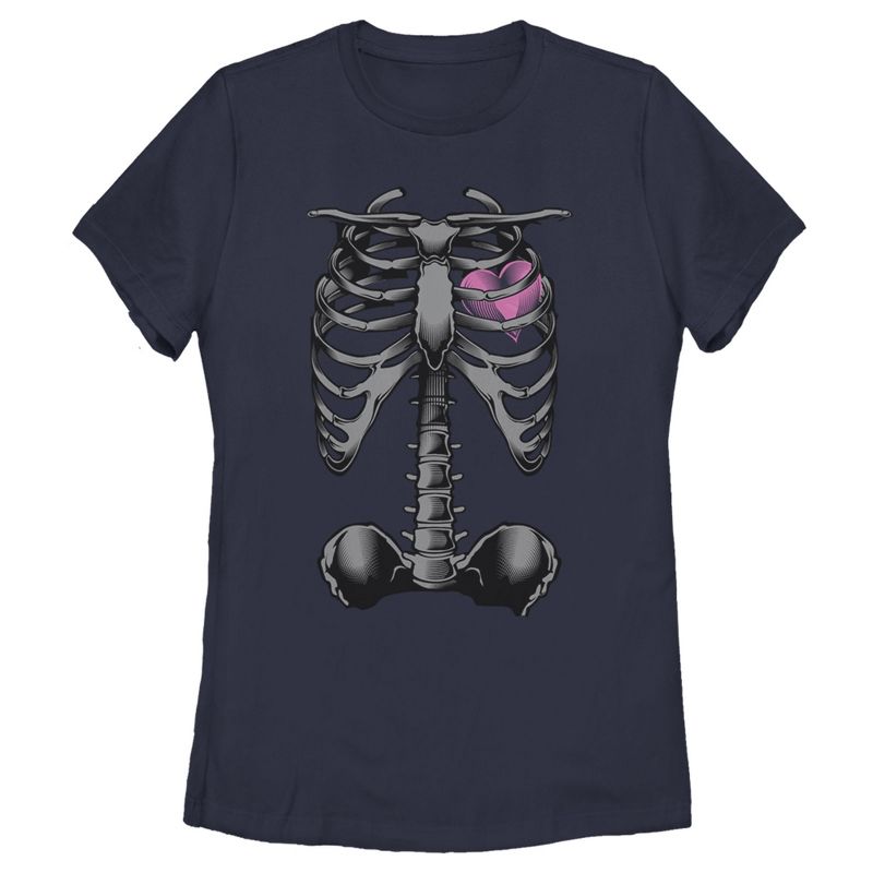 Women's Lost Gods Halloween Skeleton Rib Cage Heart T-Shirt, 1 of 5