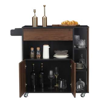 JOMEED Kitchen Countertop Island Cabinet Rolling Cart with Storage Drawers and Towel Rack, for Home, Dining Room, and Living Room, Black/Brown