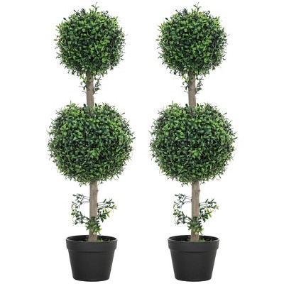 HOMCOM Set of 2 Fake Plants, Artificial Trees in Pot, Ball Boxwood Topiary Tree, Green