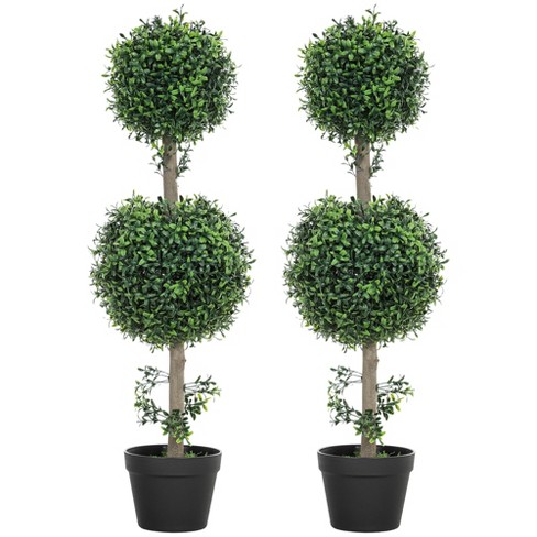 HOMCOM Set of 2 Fake Plants, Artificial Trees in Pot, Ball Boxwood Topiary Tree, Green - image 1 of 4