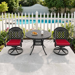 3-Piece Round Cast Aluminum Patio Set with Swivel Chairs,Red Cushions - 1 of 4