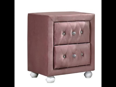 Reggie 17" Pink Fabric Nightstand with Crystal Tufted Drawers