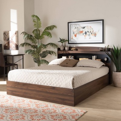 Christopher Queen Walnut Wood Platform Bed with Shelves