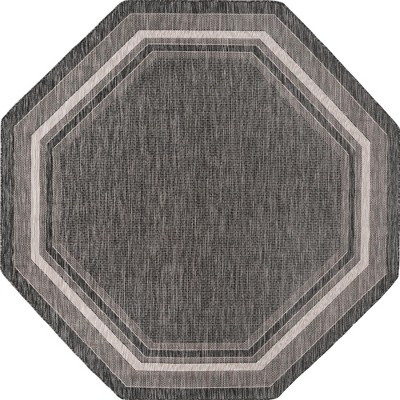 Black Octagon Outdoor Stain-Resistant Synthetic Rug