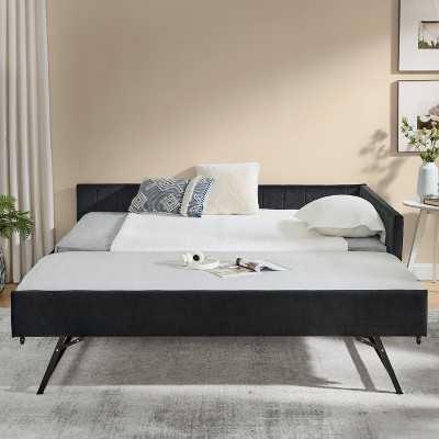 YONWAY Full Size Upholstery Daybed with Erectable Trundle, Full to King Design Extendable Velvet Sofa Bed, Easy Assembly, No Box Spring Required