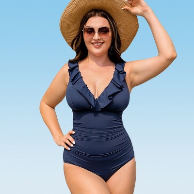 Women's Plus Size Floral Strappy V Neck One Piece Swimsuit - Cupshe-Blue-1X