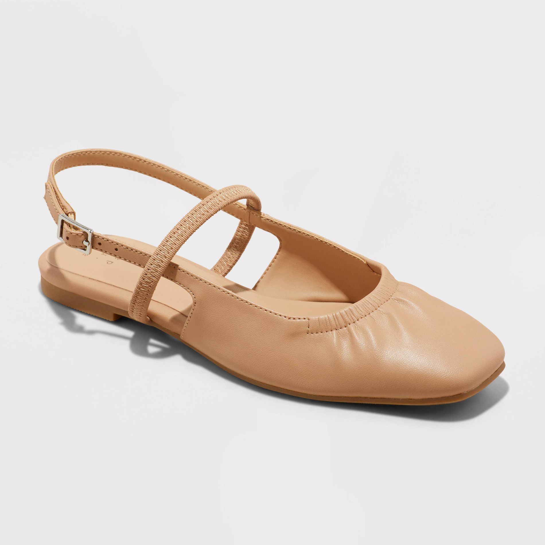 Women's Vada Slingback Scrunch Toe Flats - A New Day™ Tan 6: Memory Foam Insole, Faux Leather, Textured Outsole