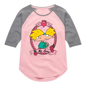 Girls' - Hey Arnold! - Valentine's My Love Shirt Tail Raglan Graphic T-shirt - 1 of 3