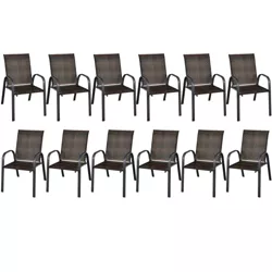 Tangkula 12PCS Outdoor PE Wicker Stacking Dining Chairs Patio Arm Chairs Mix Brown