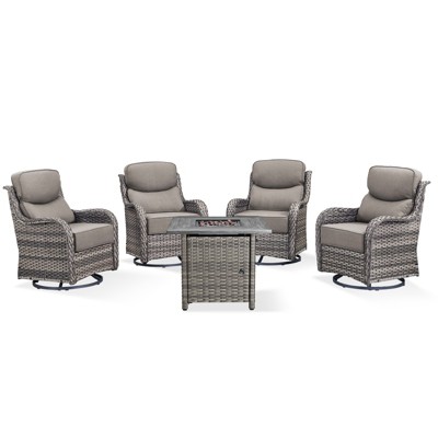 Buenhomino 7 Pieces Outdoor Patio Furniture Set with 30" Square Fire Pit Table, Rattan Wicker Swivel Rocker Chairs Sets