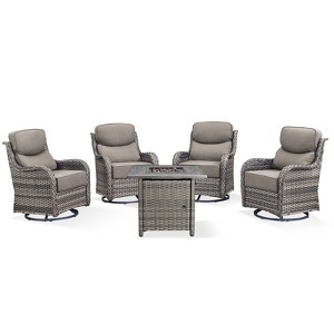 Buenhomino 7 Pieces Outdoor Patio Furniture Set with 30" Square Fire Pit Table, Rattan Wicker Swivel Rocker Chairs Sets - 1 of 4