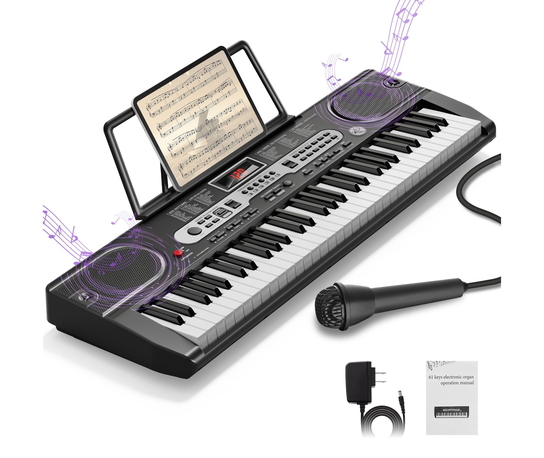 SUGIFT Electronic Keyboard Piano 61 Key Lighted with Built-in Speakers Microphone Stand and Bench for Beginners