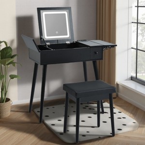 FONTOI 27.9"W Black Makeup Vanity with Top Mirror 2 Drawers Charging Station Cushioned Stool for Bedroom Dressing Room, Black, 27.95"*15.83"*29.92" - 1 of 4