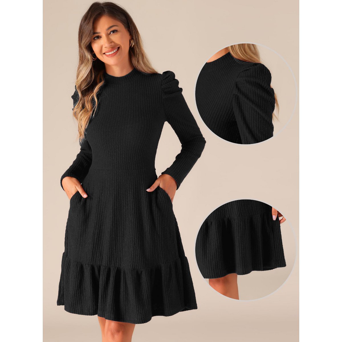 Женские платья INSPIRE CHIC Women's Crew Neck Stretchy Puff Long Sleeve Ruffle Knit Dresses Black Small — фото 3