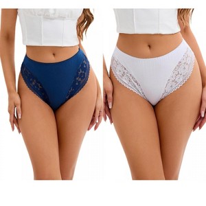 INSPIRE CHIC 2 Pcs Women's Plus Size Lace Trim Mid-Waisted Thongs Underwear - 1 of 4