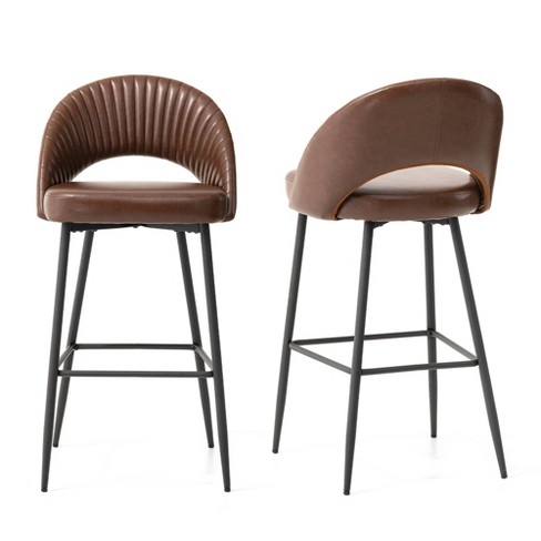 Set of 2 Modern Quilted Leatherette Bar Stools with Metal Tapered Legs Brown Glitzhome