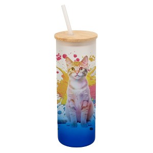 100 North 25 Ounce Frosted Glass Gradient Travel Tumbler With Straw & Wooden Lid, Tabby Cat Paint Splatter Navy Blue - 1 of 4
