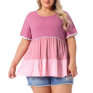 Agnes Orinda Women's Plus Size Babydoll Ruffle Tiered Short Sleeve Lace Trim Casual Loose Flowy Swing Blouses - 1 of 4