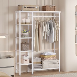 VECELO Open Garment Clothing Rack, Heavy Duty Free-Standing Storage Closet with 5 Shelves & Hanging Rod for Small Spaces, Oak/White - 1 of 4