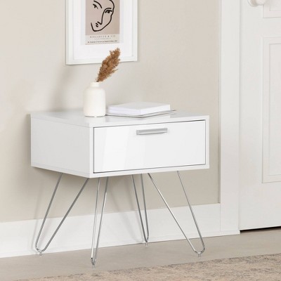 Pure White Scandinavian End Table with Storage Drawer and Metal Hairpin Legs