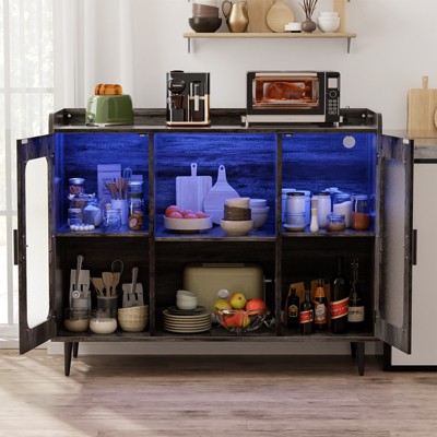 Aheaplus Sideboard Buffet with Charge Station and LED Light, Farmhouse Bar Cabinet with Wine Holder