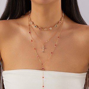 HTUTWOO Multi-layered Cross Pendant Necklace, Y Shape Long Clavicle Necklace, Rhinestone Choker, Jewelry Gift for Women - 1 of 4