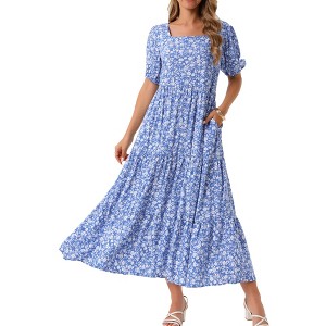 INSPIRE CHIC Women's Summer Floral Puff Short Sleeve Square Neck Boho Casual Pockets Tiered Midi Dress - 1 of 4