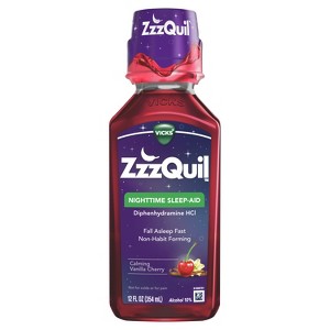 ZzzQuil Nighttime Sleep Aid Liquid 50 mg Diphenhydramine HCl Calming Vanilla Cherry 12 FL OZ - 1 of 4