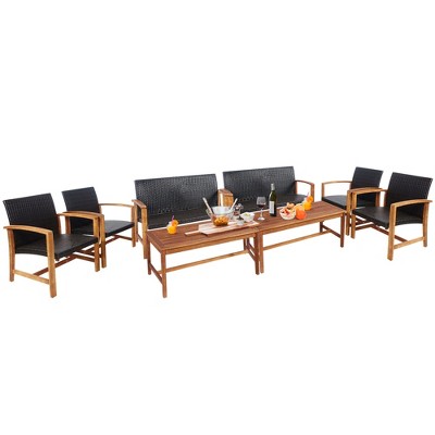 Tangkula 8PCS Patio Conversation Set Outdoor Furniture Set w/ Acacia Wood Frame
