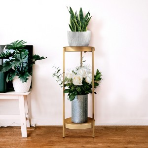 DOMETOUR Modern 2-Tier Metal Plant Stand Potted Plant Holder Shelf Folding with 2 Round Trays for Indoor Outdoor Golden - 1 of 4