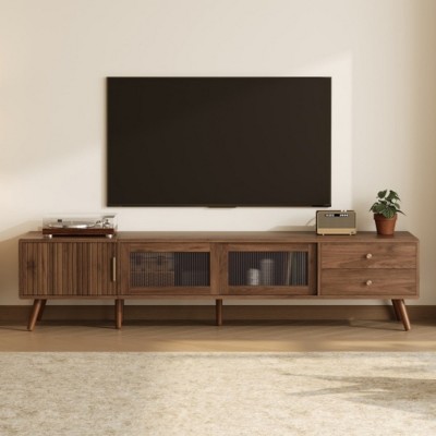 76" Modern Storage TV Stand for TVs up to 85 Inches with Glass-Doors, Versatile Entertainment Center for Living Room or Bedroom–The Pop Home