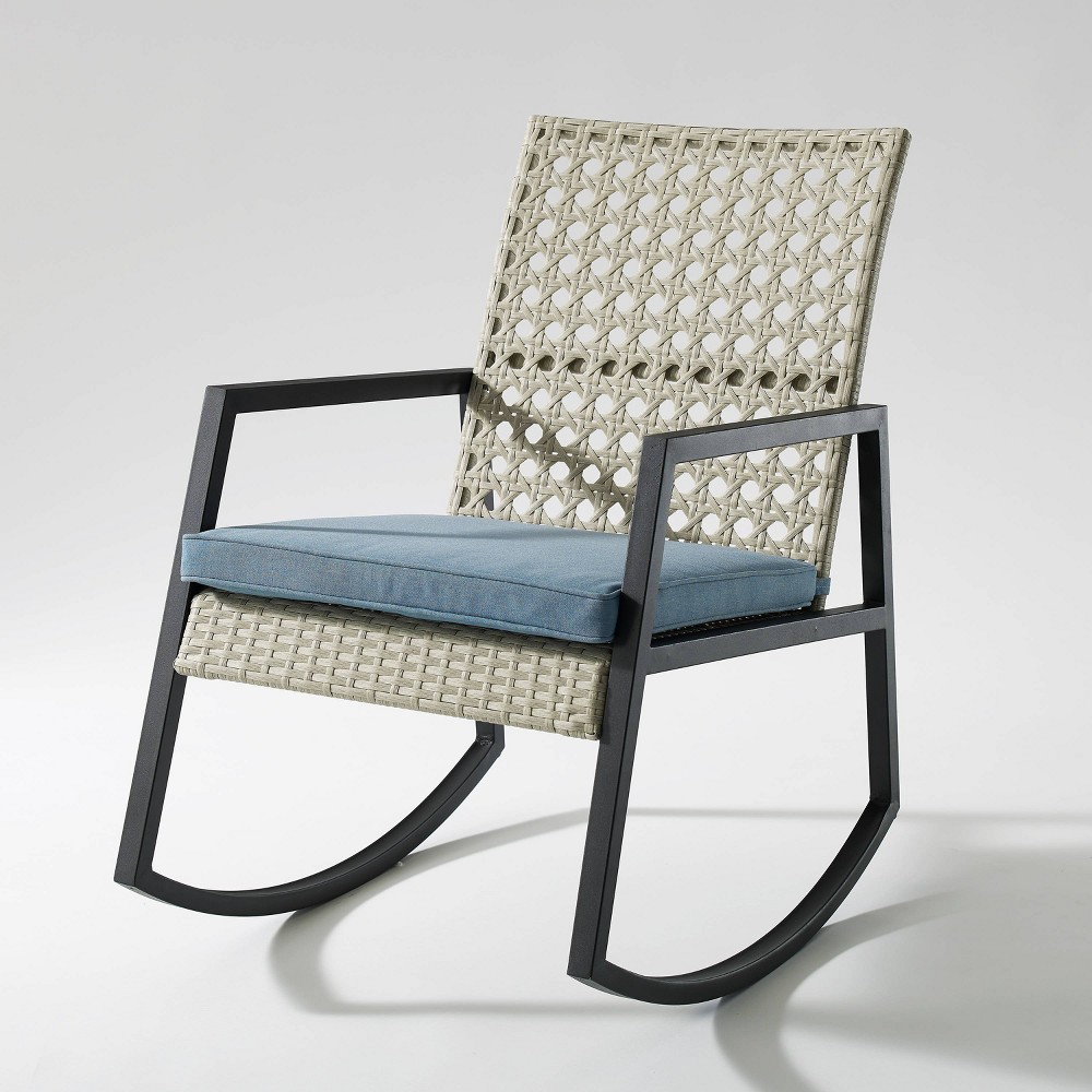 Komodo Modern Boho Faux Rattan & Metal Outdoor Rocking Chair with Cushion - Gray/Blue - Saracina Home