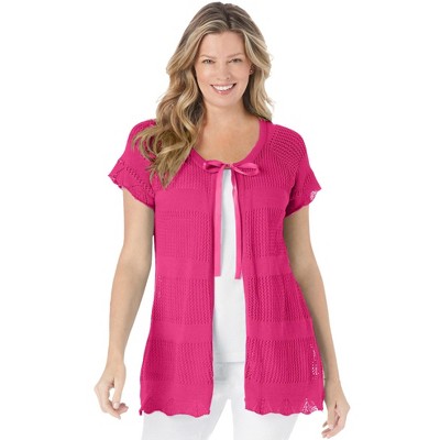 Woman Within Plus Size Tie-Neck Pointelle Cardigan Sweater