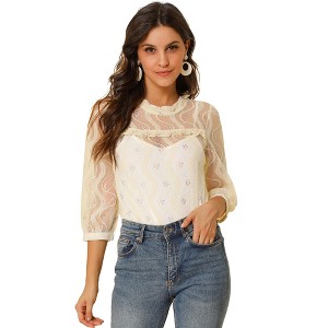 INSPIRE CHIC Women's 3/4 Sleeves Ruffle Mock Neck Sheer Lace Blouse - 1 of 4