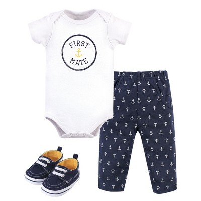 Little Treasure Baby Boy Cotton Bodysuit, Pant and Shoe 3pc Set, First Mate