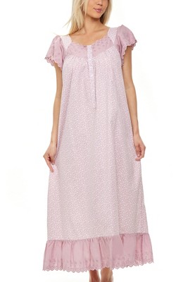 Adr Women's Cotton Victorian Nightgown, Katelyn Short Sleeve Lace Trimmed  Button Up Long Nightshirt White Floral On Mauve Small : Target