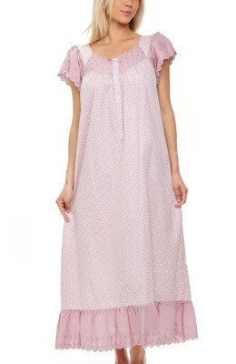 Adr Women's Cotton Victorian Nightgown, Maria Sleeveless Lace Trimmed  Button Up Short Night Dress White Floral On Mauve Large : Target