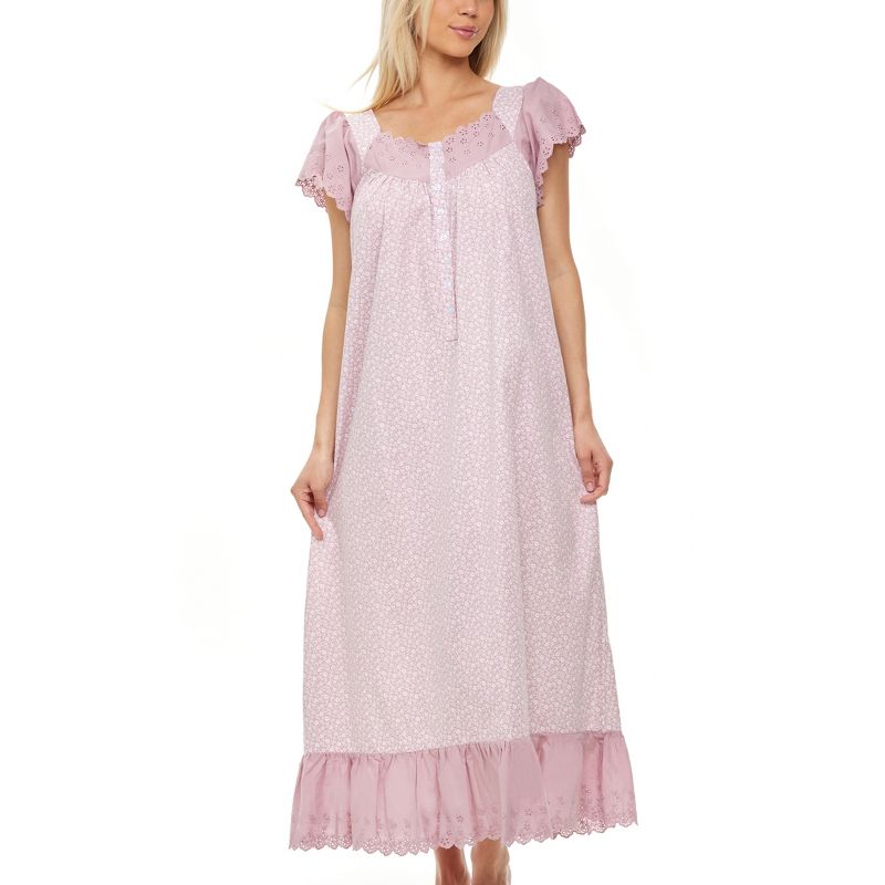 Women's Cotton Victorian Nightgown, Katelyn Short Sleeve Lace Trimmed Button Up Long Vintage Night Dress Gown, 1 of 7