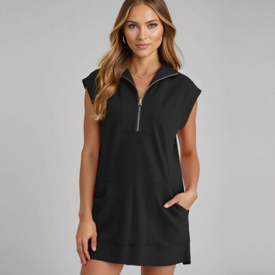 Knit & Lounge Women’s Zip Front Sweatshirt Dress Sleeveless Relaxed Fit Collared Pullover Mini Dress with Pockets