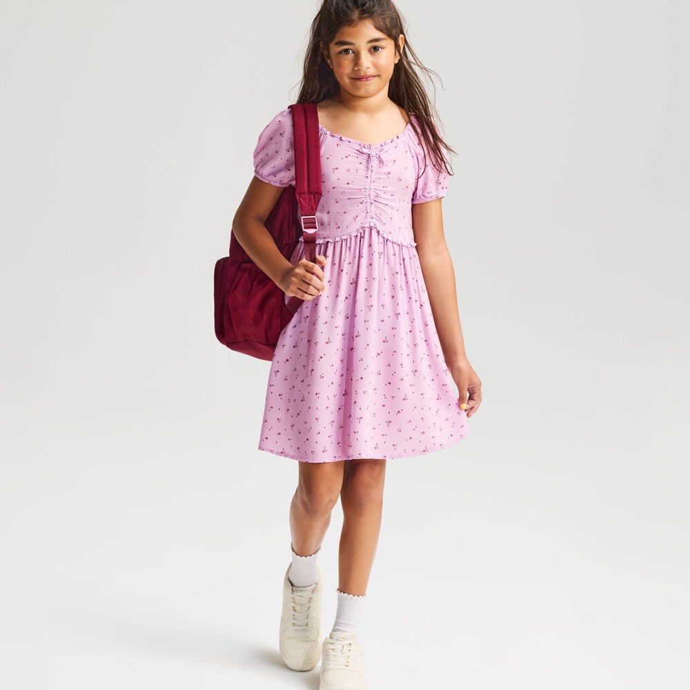 Girls' Short Sleeve Floral Printed Woven Dress - Cat & Jack™ Mauve M